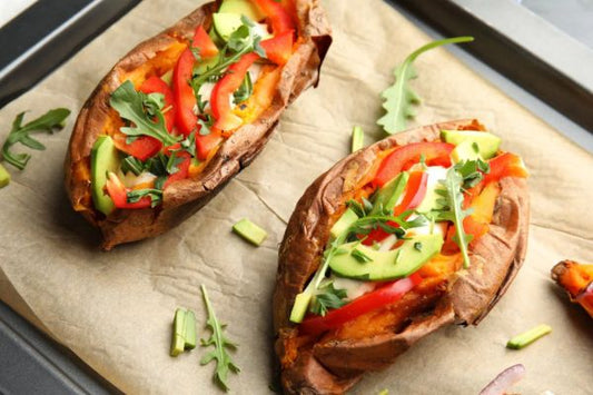 sweet potatoes with avocado and arugula
