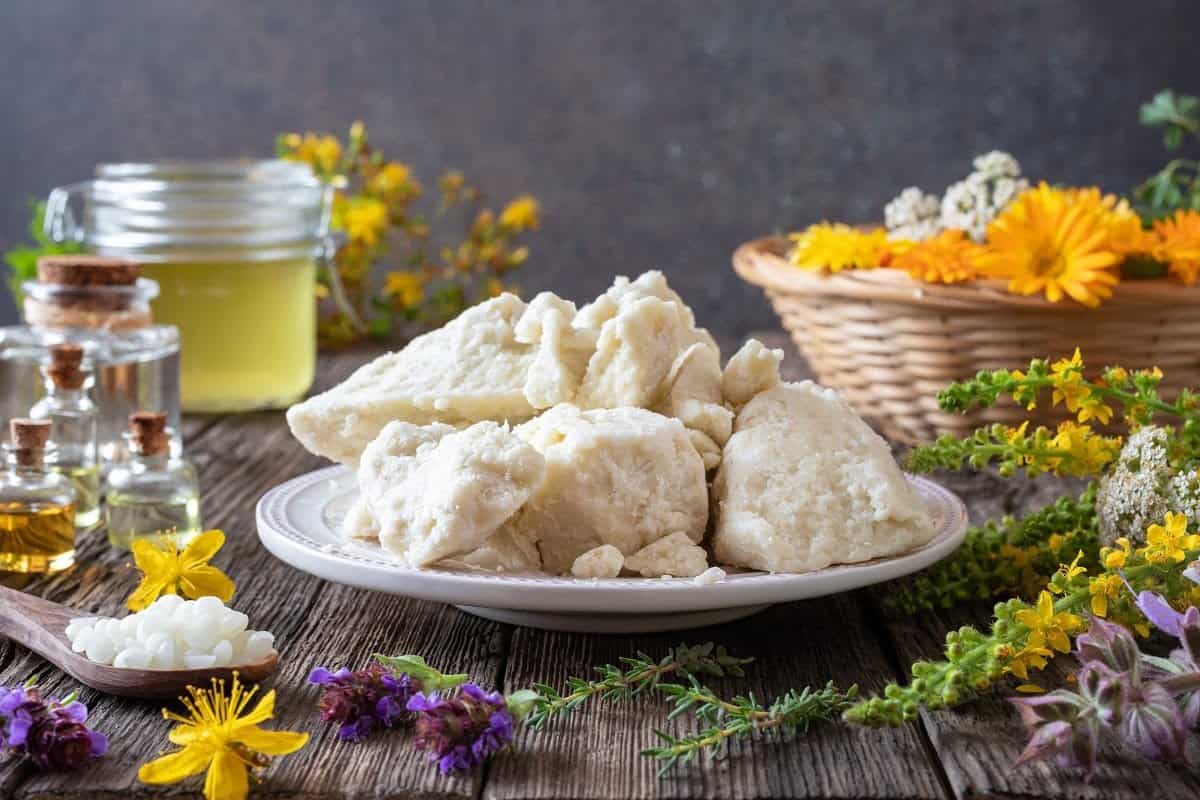 a pile of shea butter on a plate surrounded by flowers and lipid oils