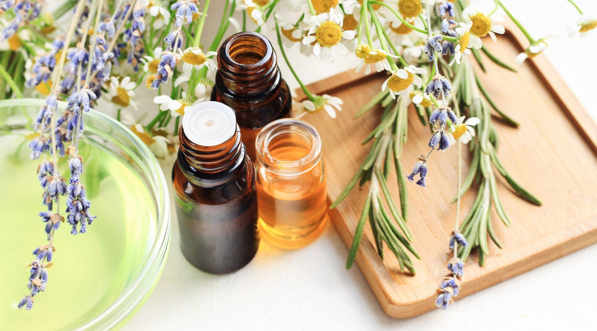 Essential oils next to lavender, chamomile, and rosemary.