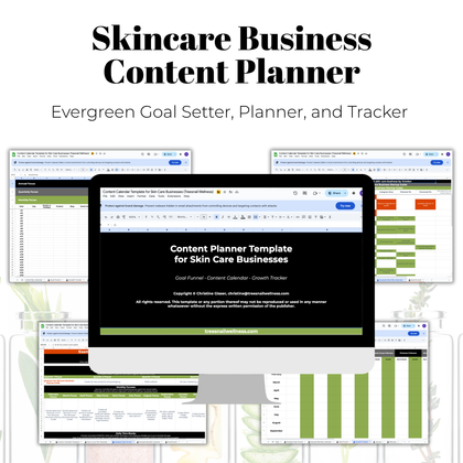 Skincare Business Content Planner software interface on a computer screen with multiple windows open.