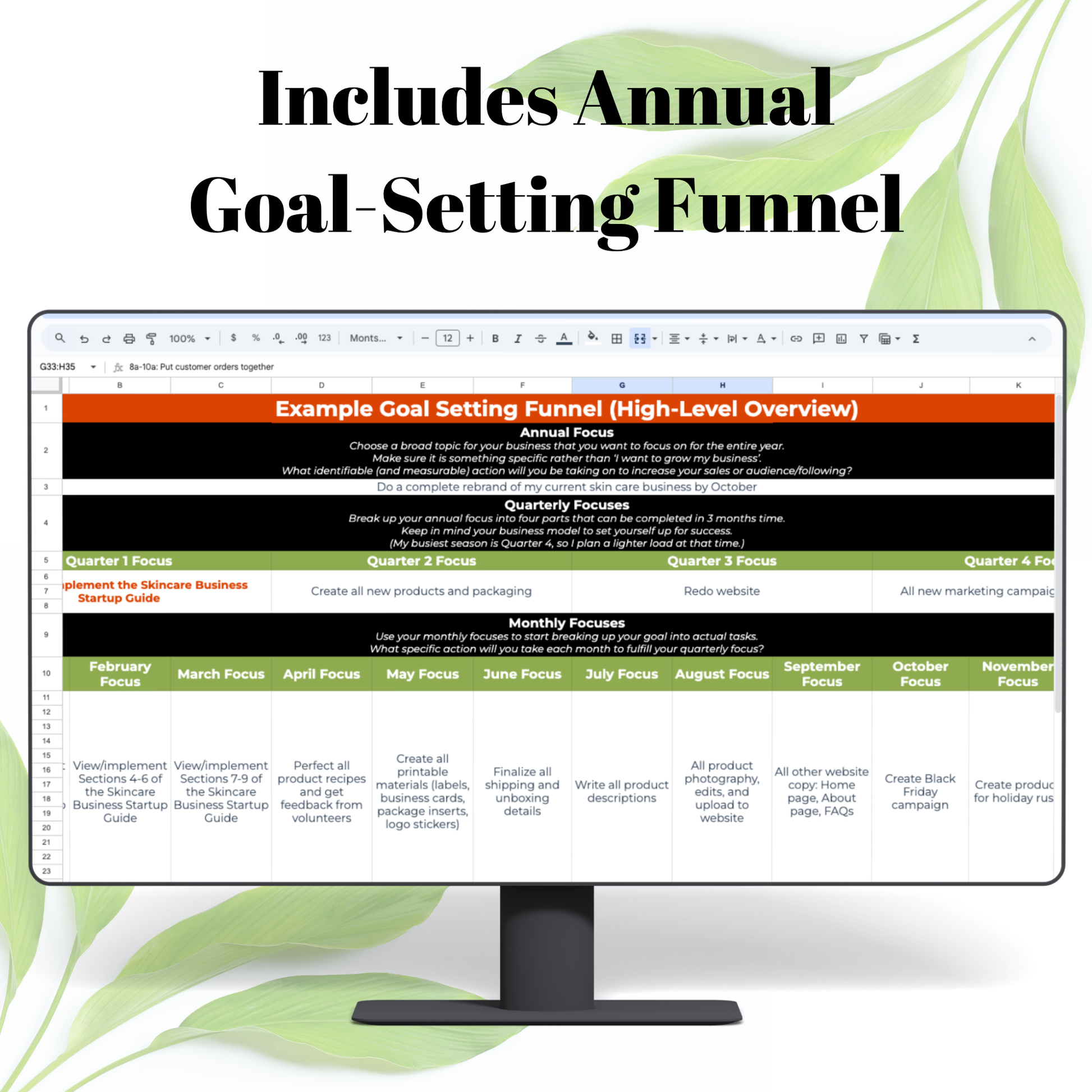 Computer screen displaying a goal-setting funnel with green leaves in the background