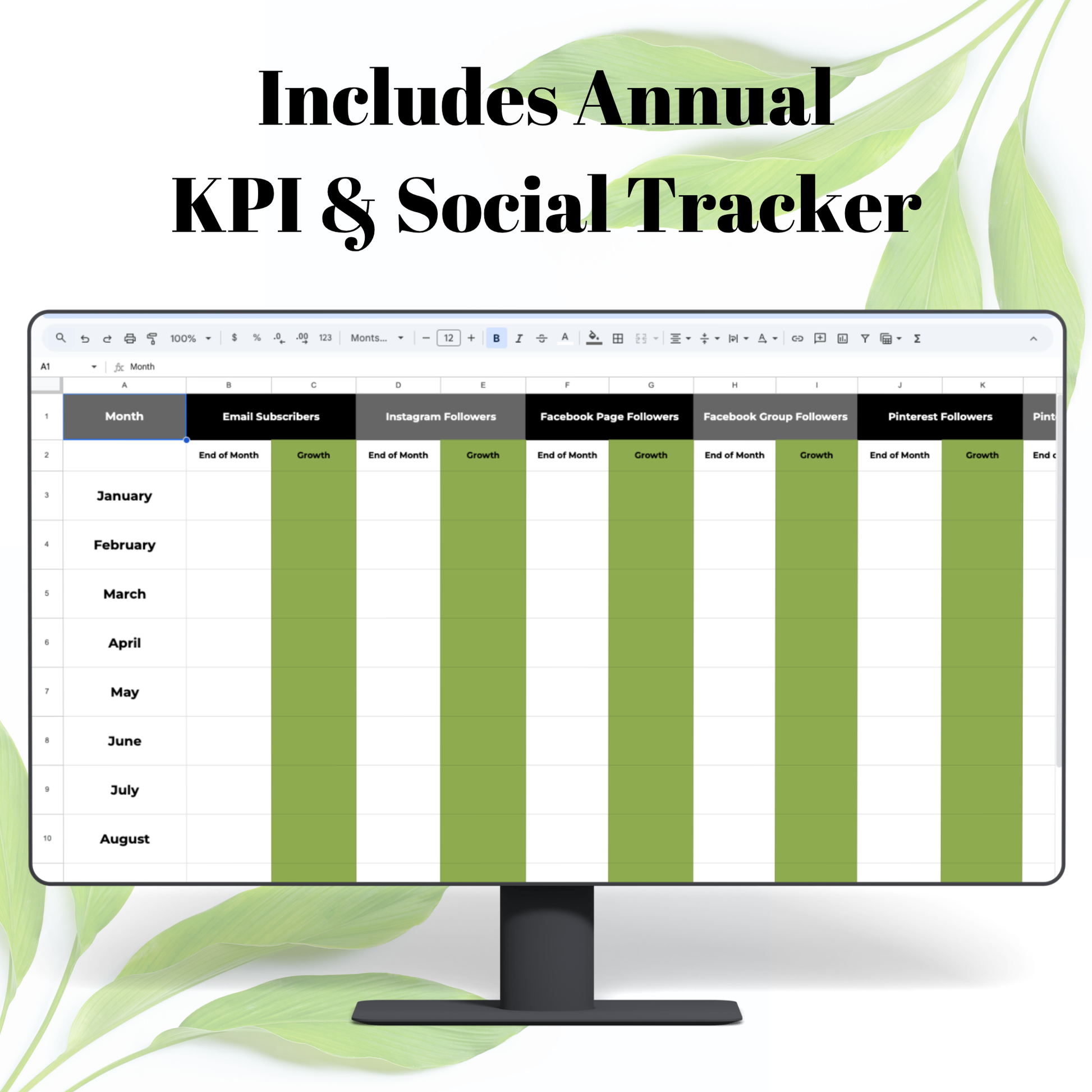 Computer screen displaying a KPI and social tracker with green bars on a white background