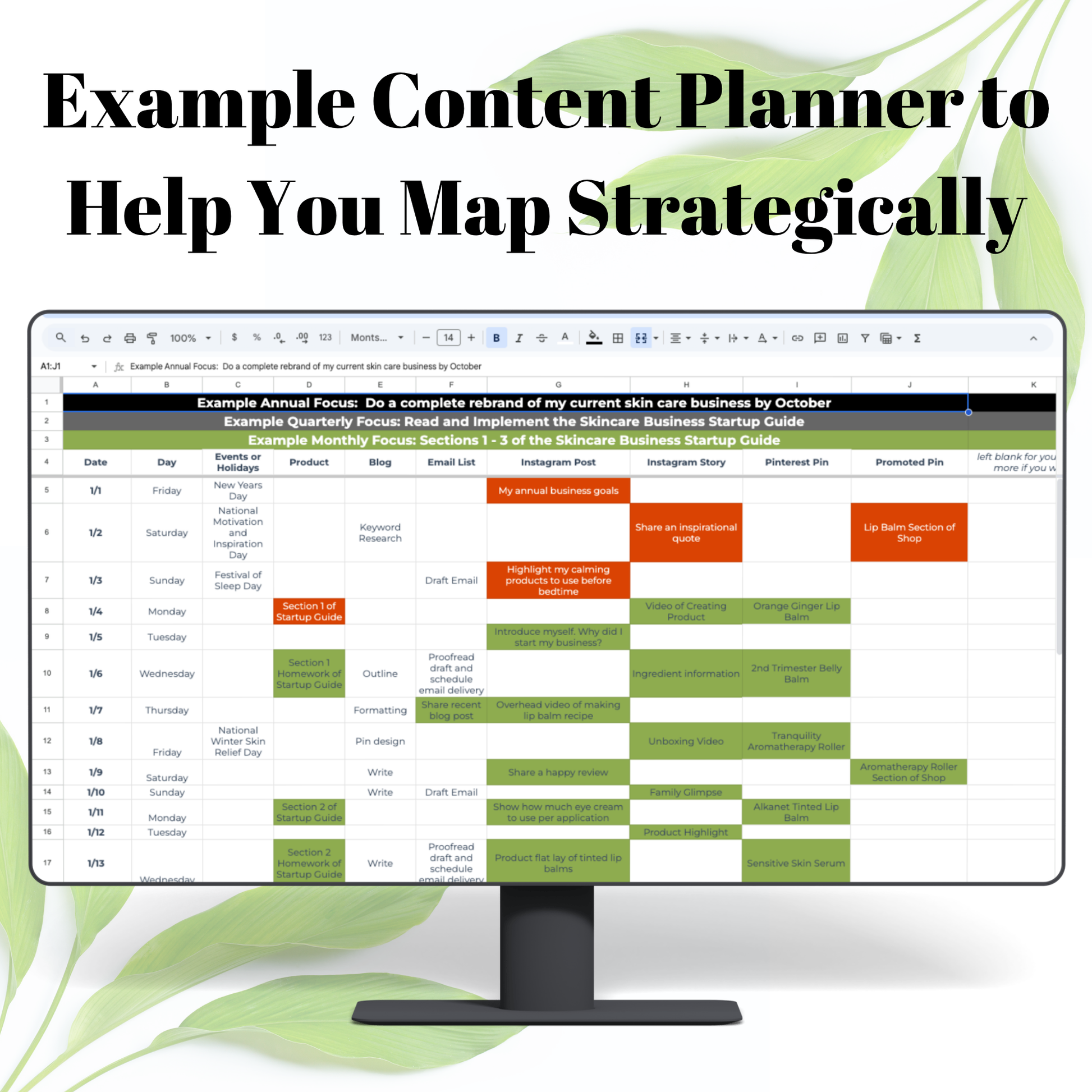 Computer screen displaying a content planner with a focus on strategic planning, surrounded by green leaves.