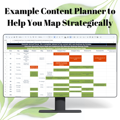 Computer screen displaying a content planner with a focus on strategic planning, surrounded by green leaves.