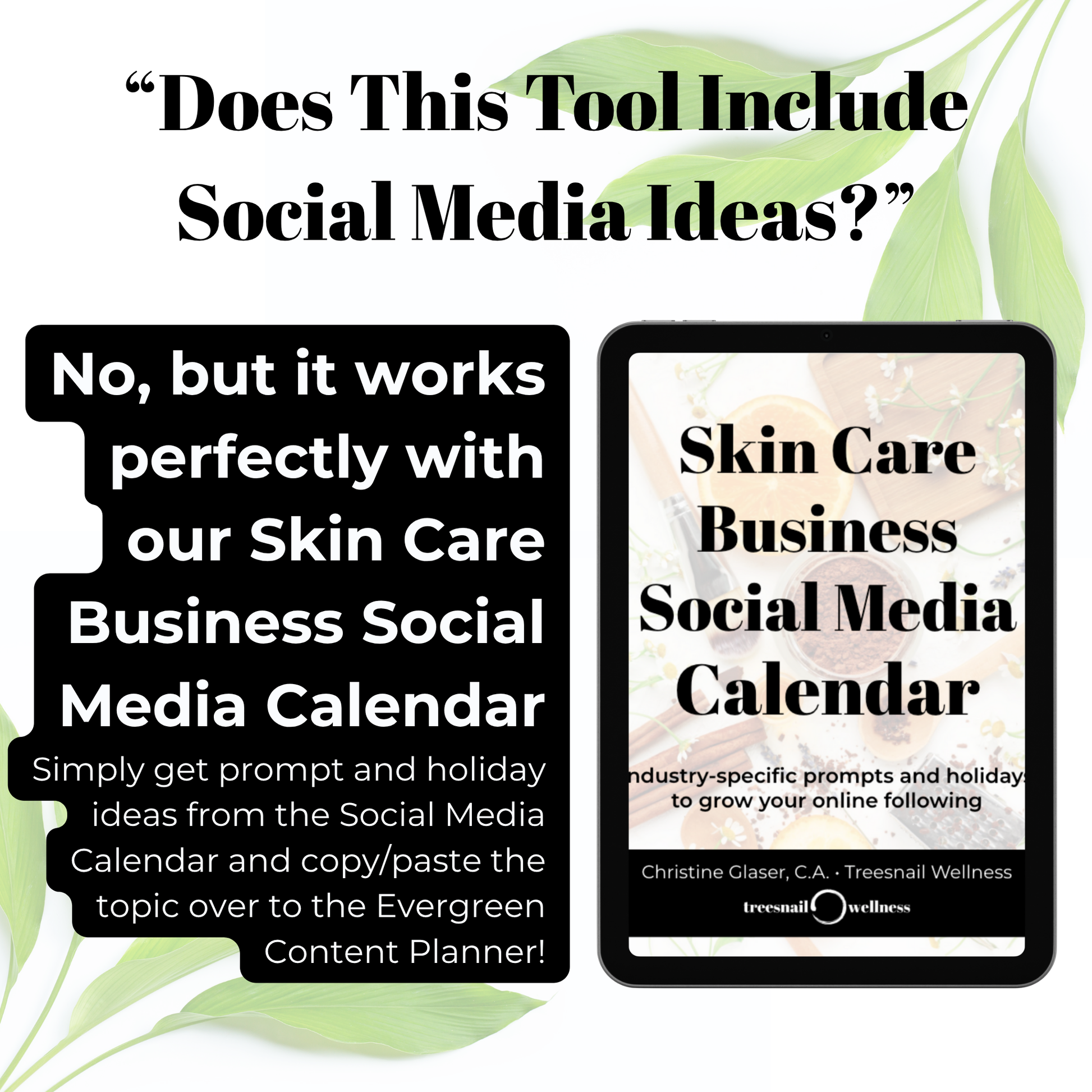 Promotional graphic for a skin care business social media calendar with text and a tablet displaying the product.
