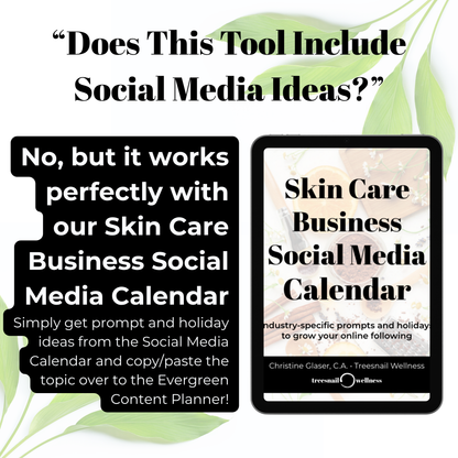 Promotional graphic for a skin care business social media calendar with text and a tablet displaying the product.
