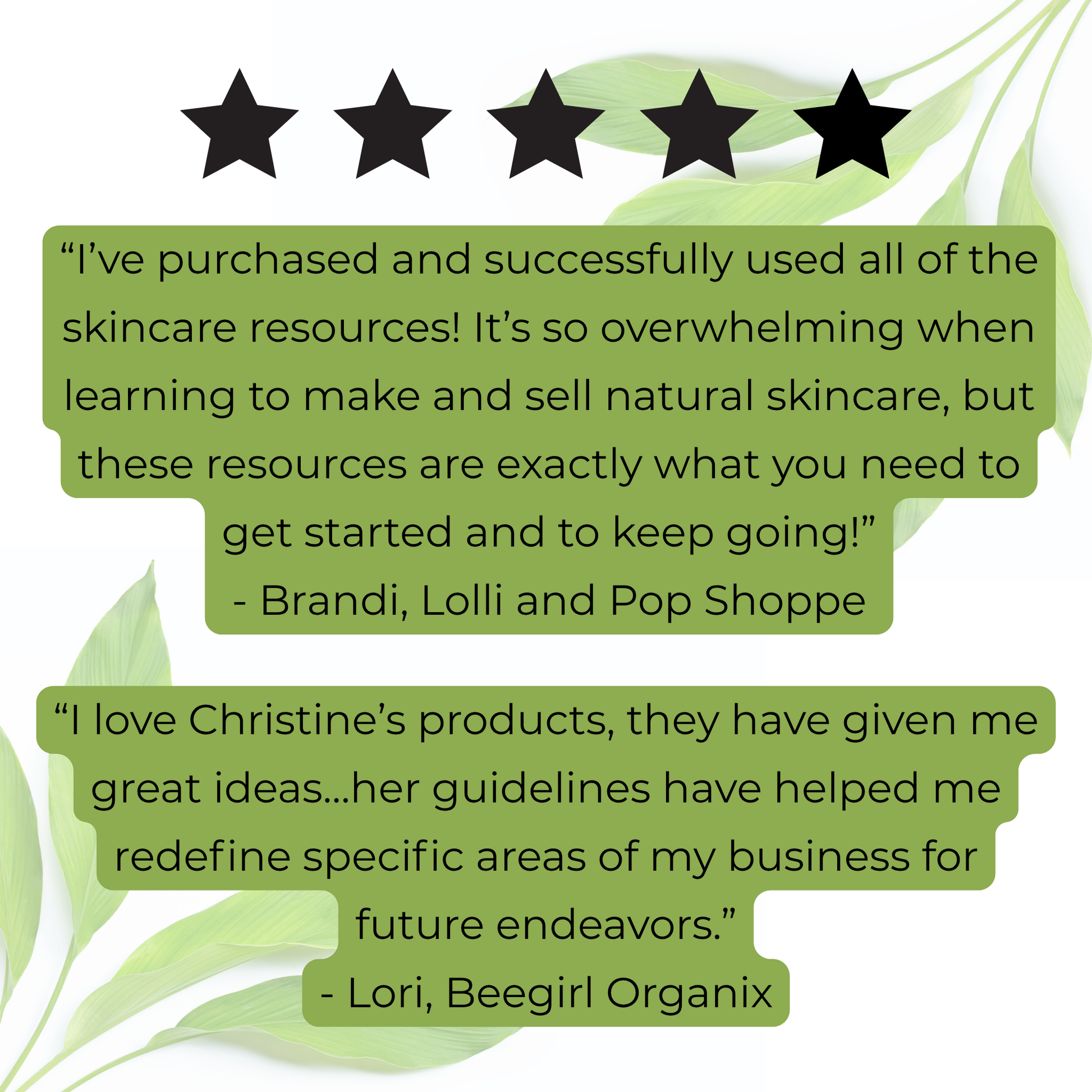 Two reviews about skincare resources and products with a green leafy background.
