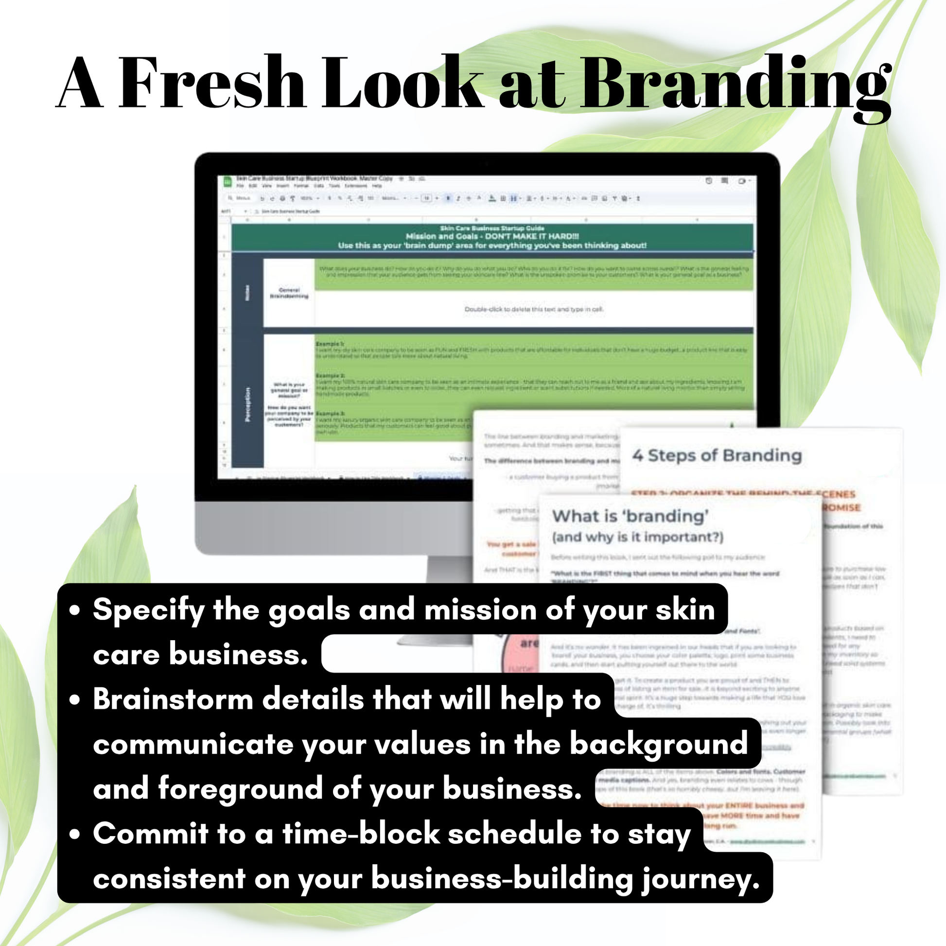 Computer screen displaying a document with branding tips, surrounded by green leaves.