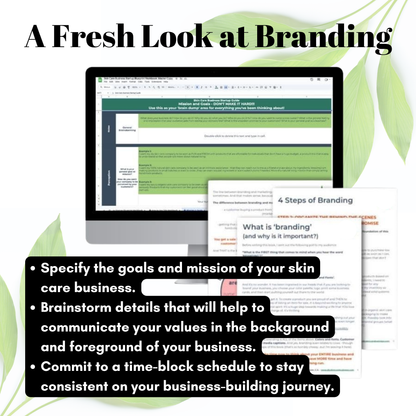 Computer screen displaying a document with branding tips, surrounded by green leaves.