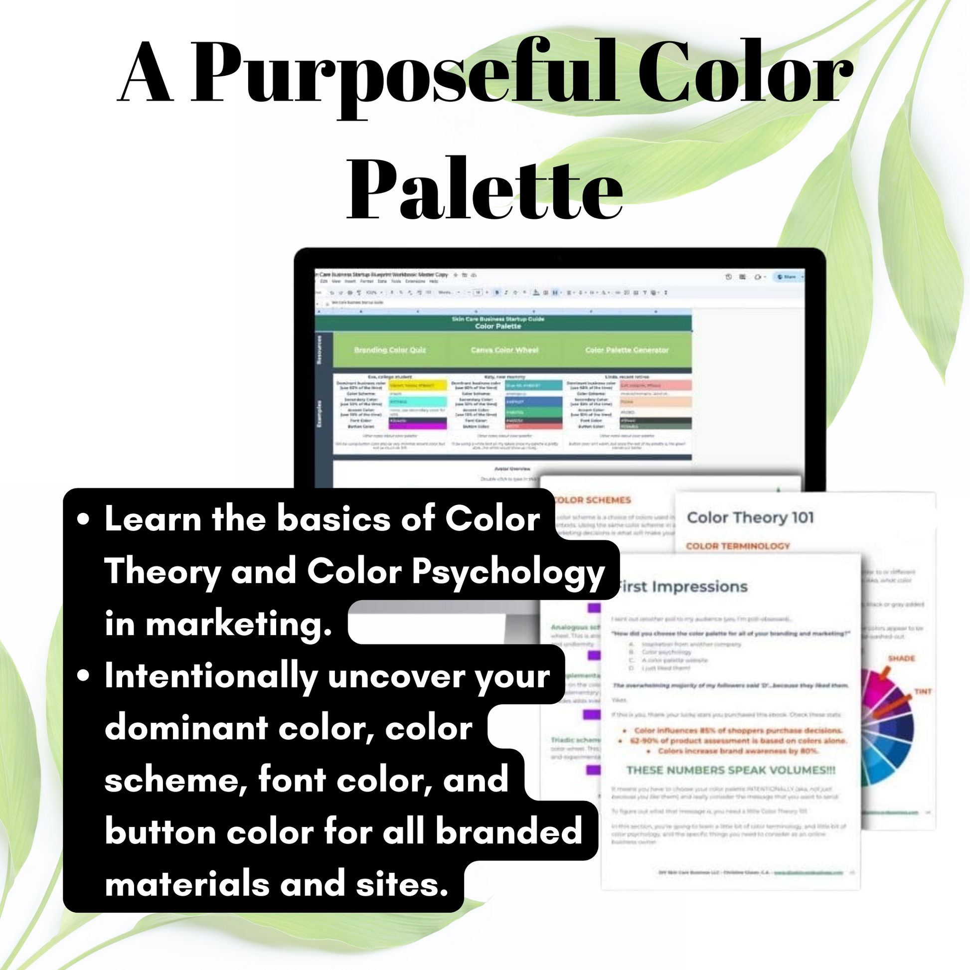 Promotional graphic for a color theory and psychology course with text and a computer screen.
