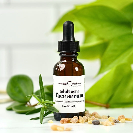 Adult Acne Face Serum by Treesnail Wellness is made with natural carrier oils, essential oils, and bakuchiol.