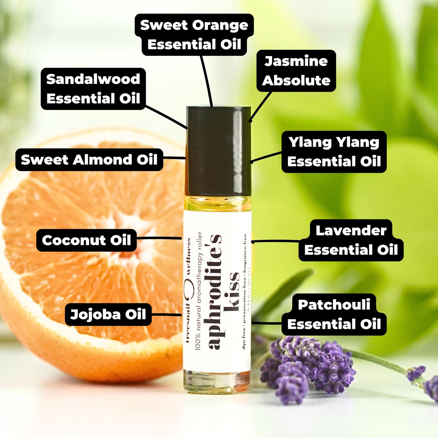 Treesnail Wellness Aphrodite's Kiss Aromatherapy Blend is made with 100% pure carrier oils and essential oils.