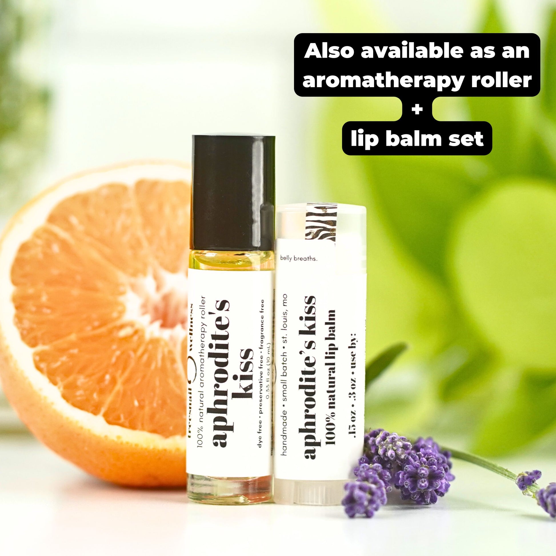 Also available as a gift set that includes an Aphrodite's Kiss aromatherapy roller and organic lip balm.