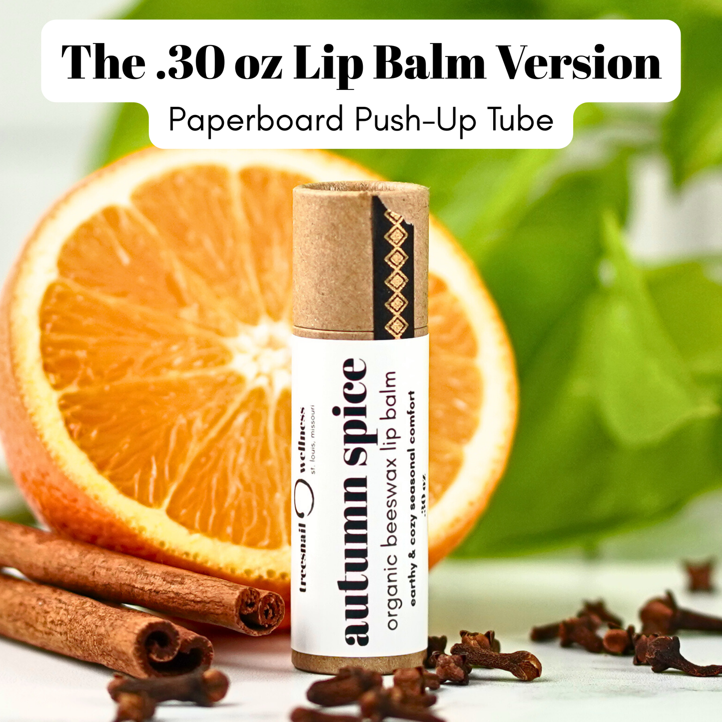 .30 oz. Lip balm in paperboard tube with autumn spice flavor surrounded by an orange, cinnamon sticks, and cloves on a green leafy background.