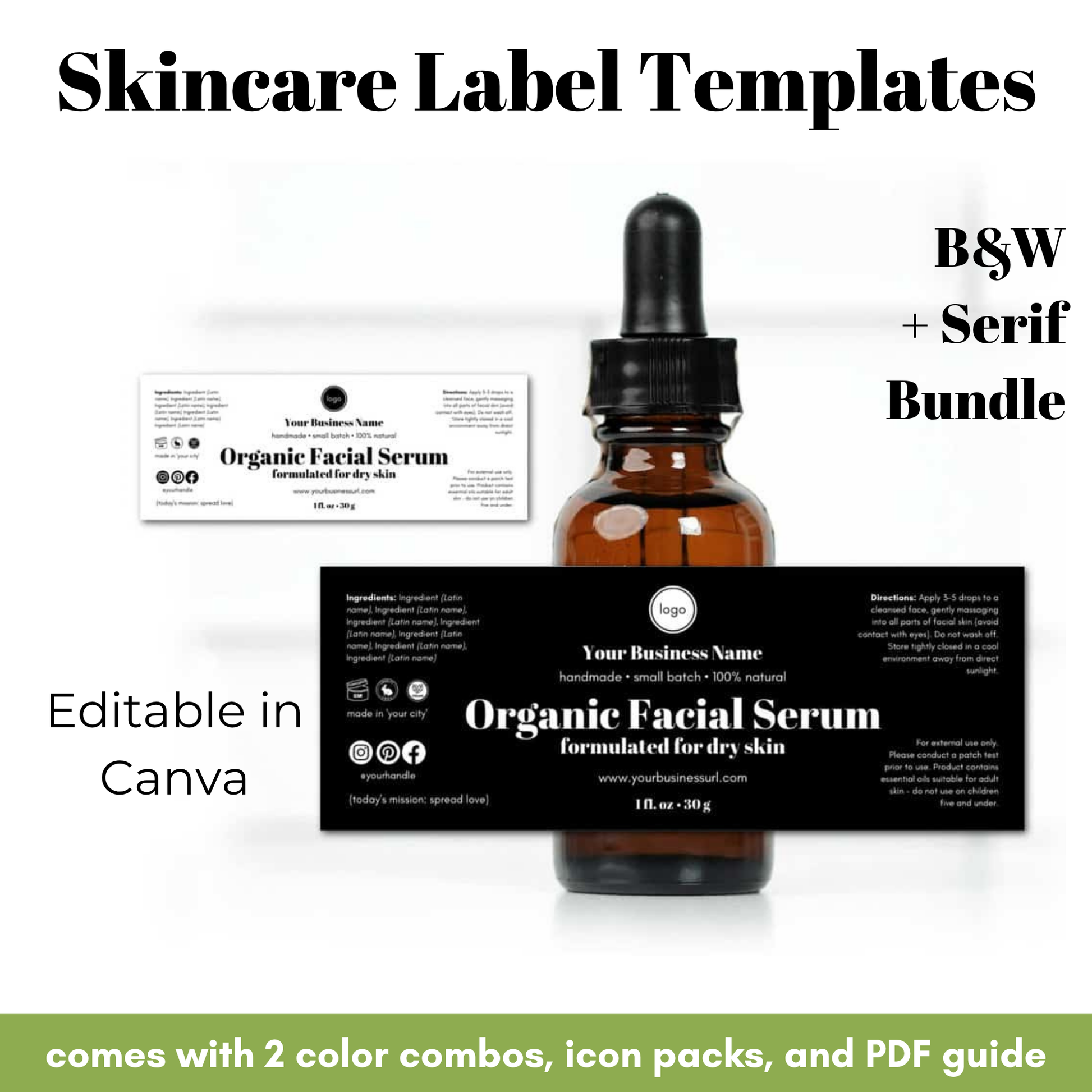 Skincare label templates with a bottle and box on a white background