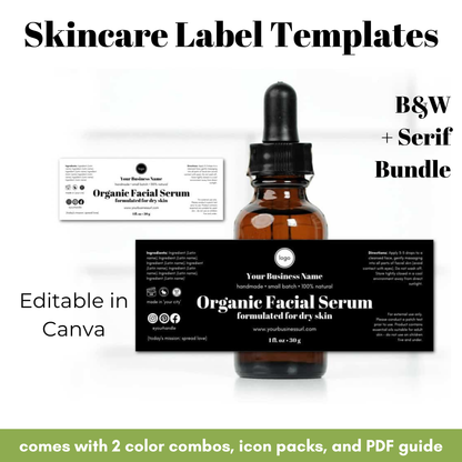 Skincare label templates with a bottle and box on a white background