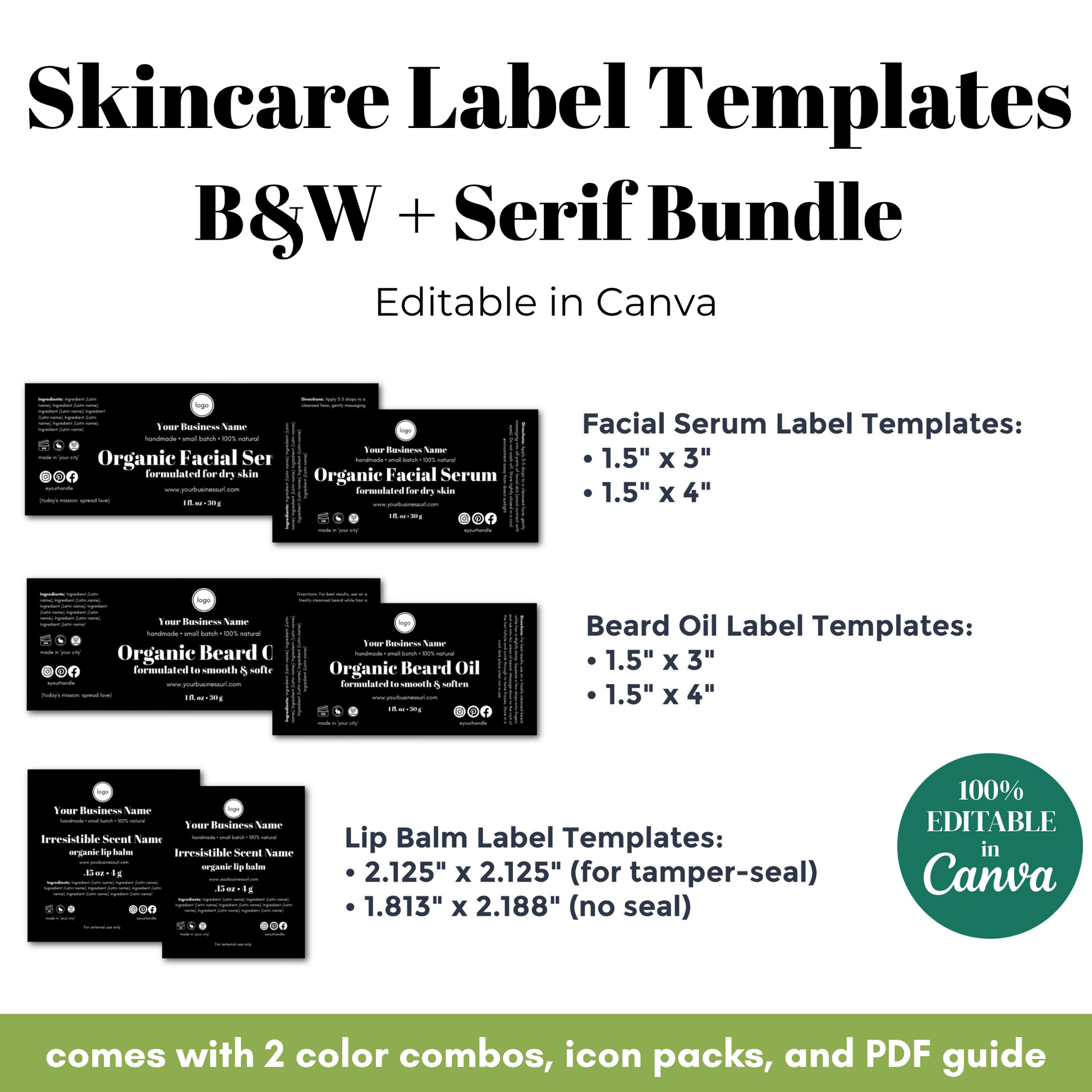 Skincare label templates with dimensions and editing information on a white background