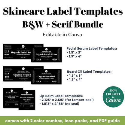 Skincare label templates with dimensions and editing information on a white background