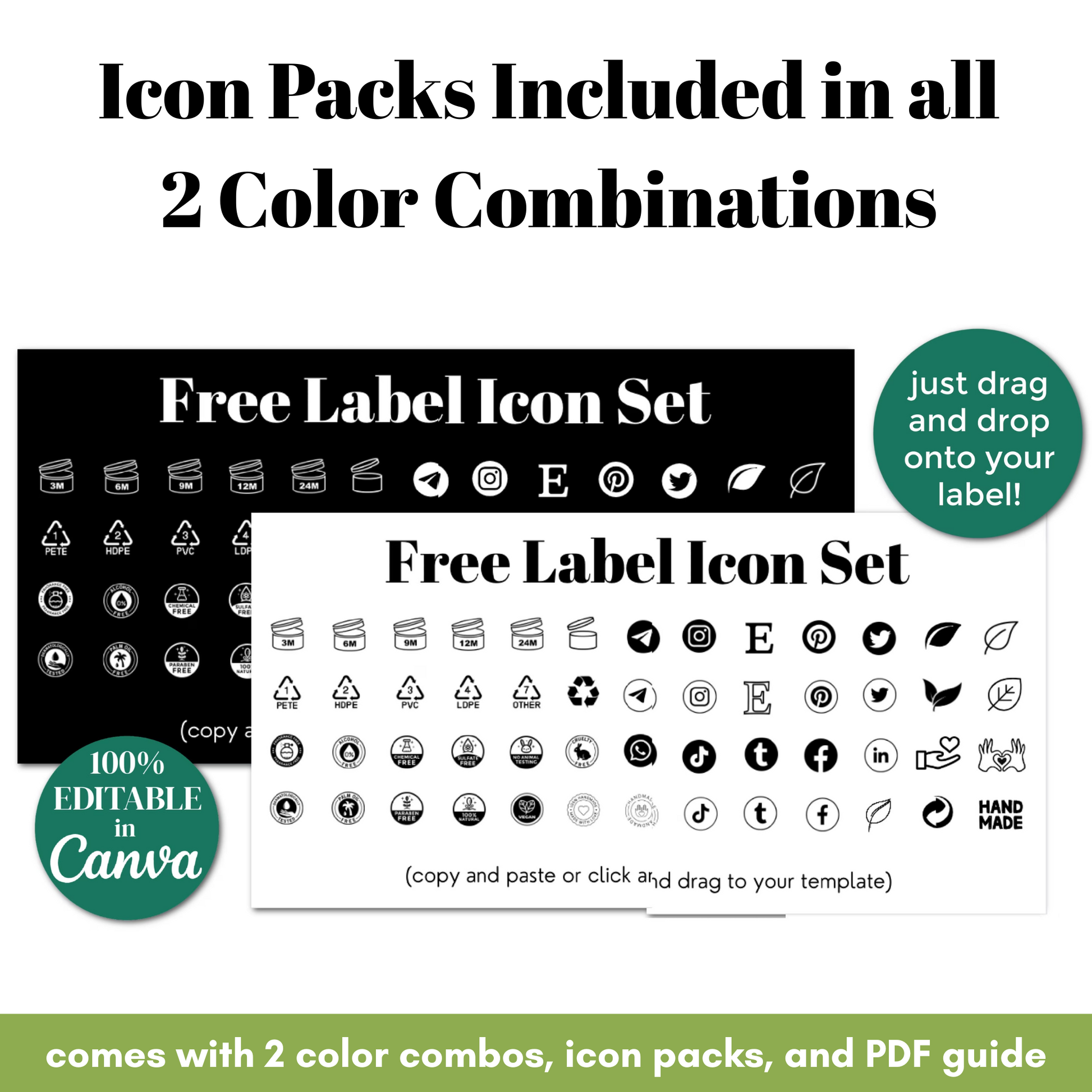 Free label icon set with 2 color combinations, icon packs, and PDF guide on a white background.