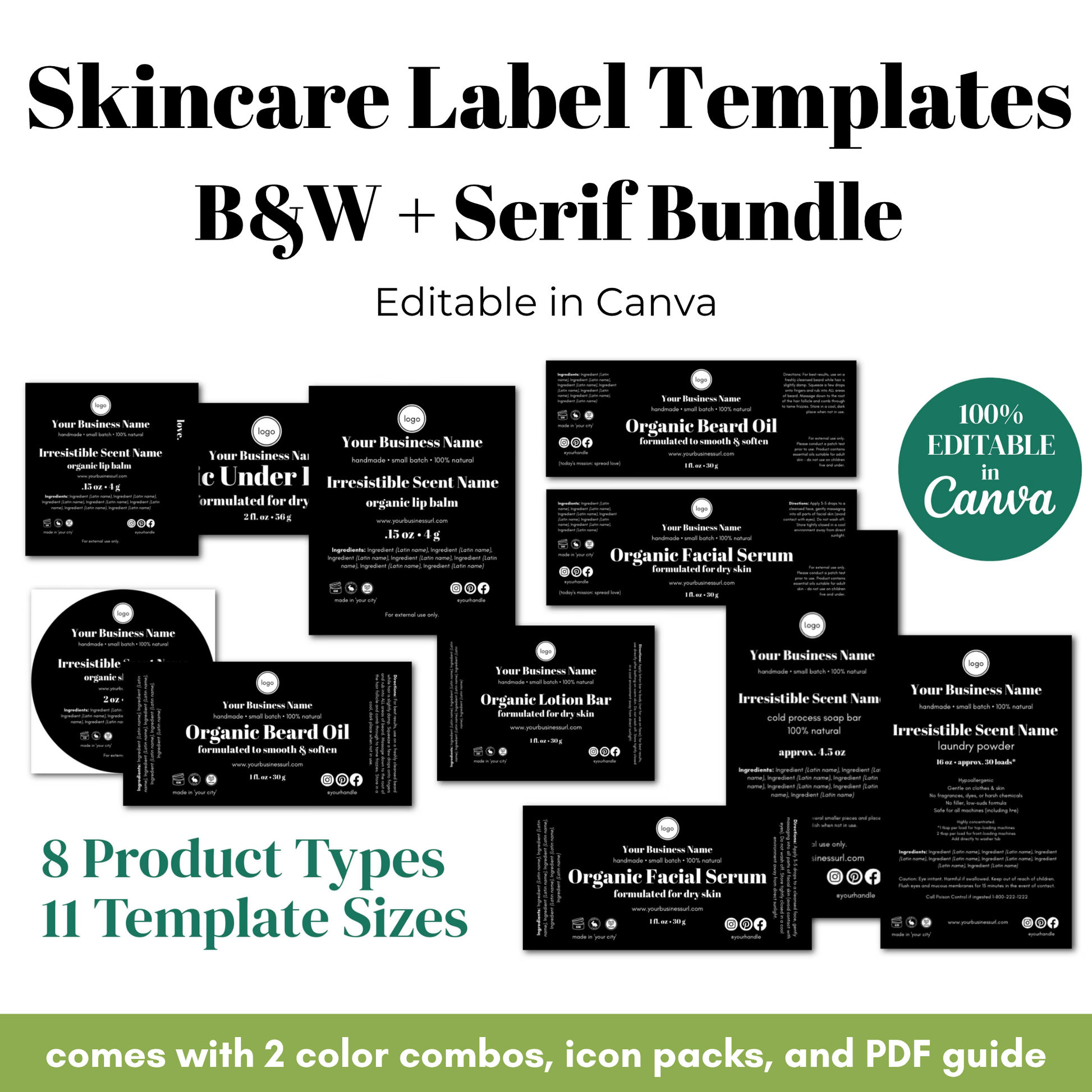 Skincare label templates with various product types and template sizes on a white background.
