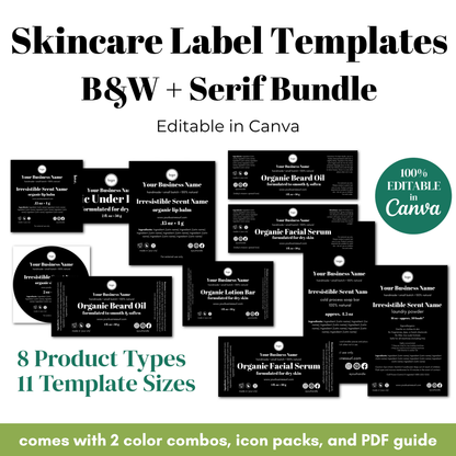Skincare label templates with various product types and template sizes on a white background.