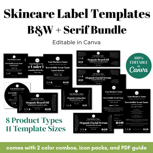 Skincare label templates with various product types and template sizes on a white background.