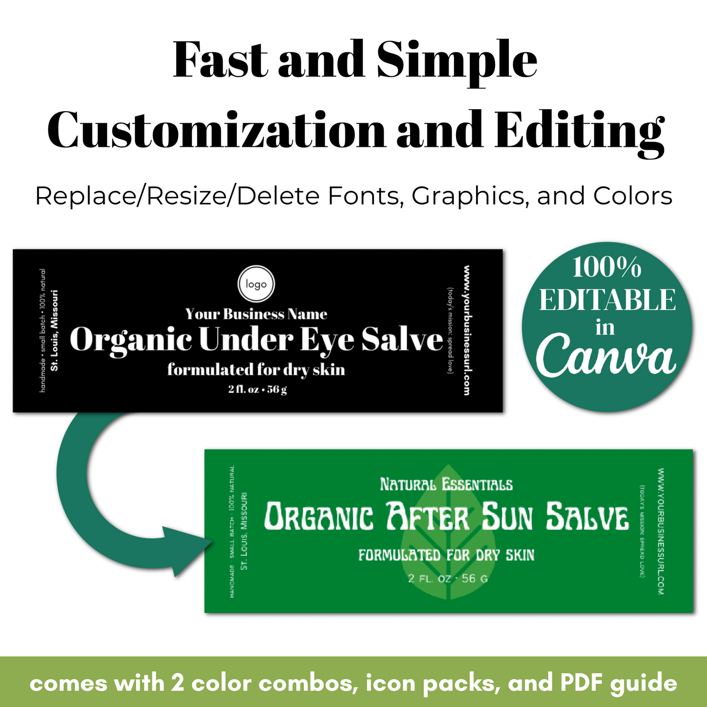 Two customizable product labels for organic salves with text about editing capabilities.