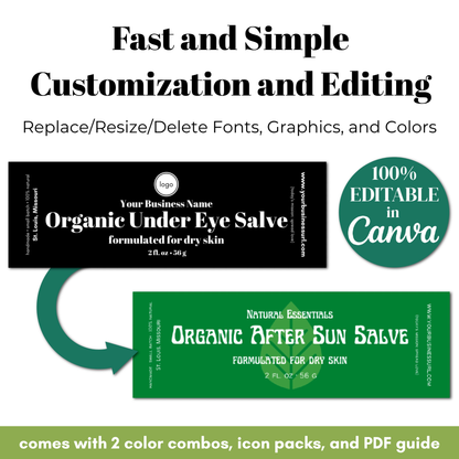 Two customizable product labels for organic salves with text about editing capabilities.