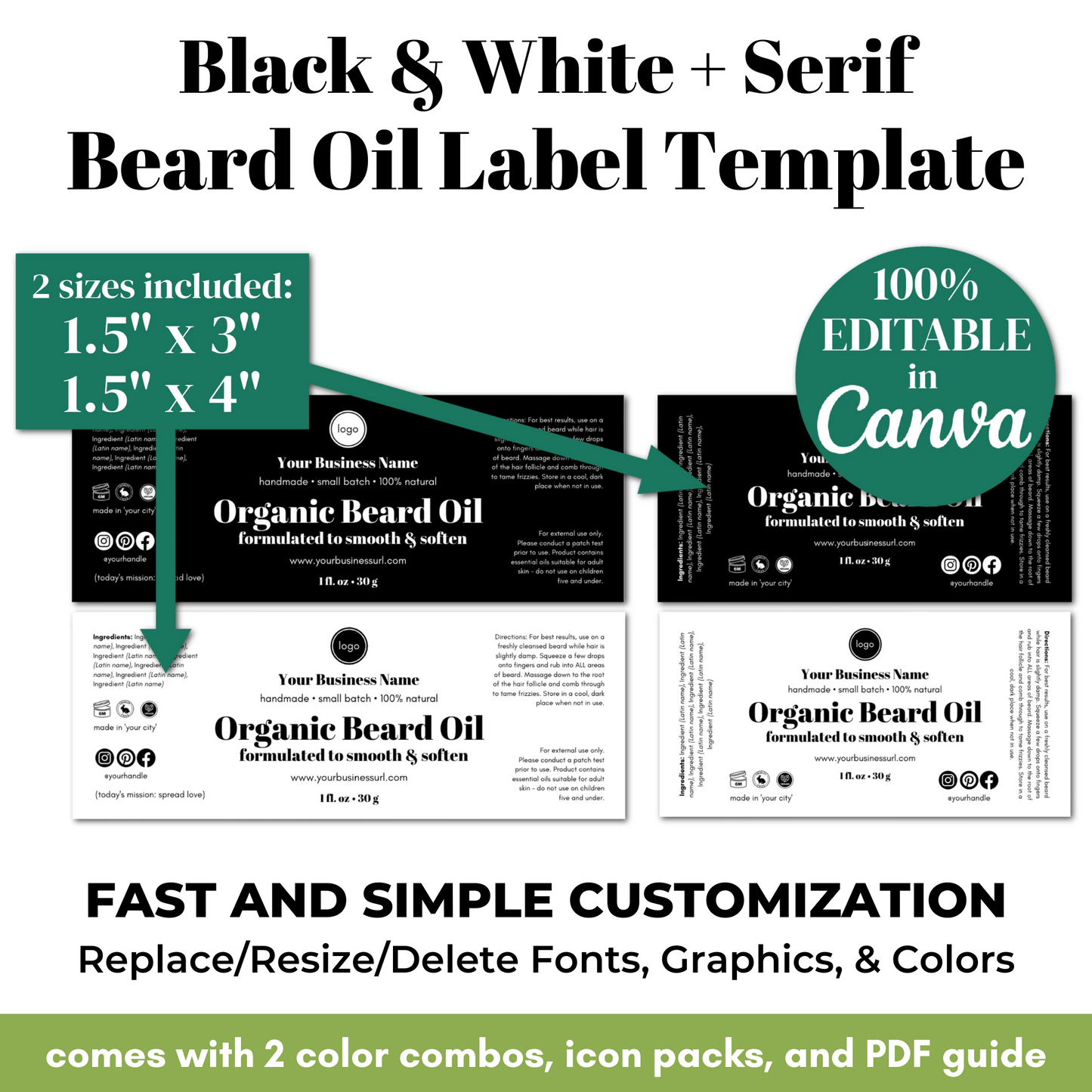 Beard oil label template with customizable options on a white background