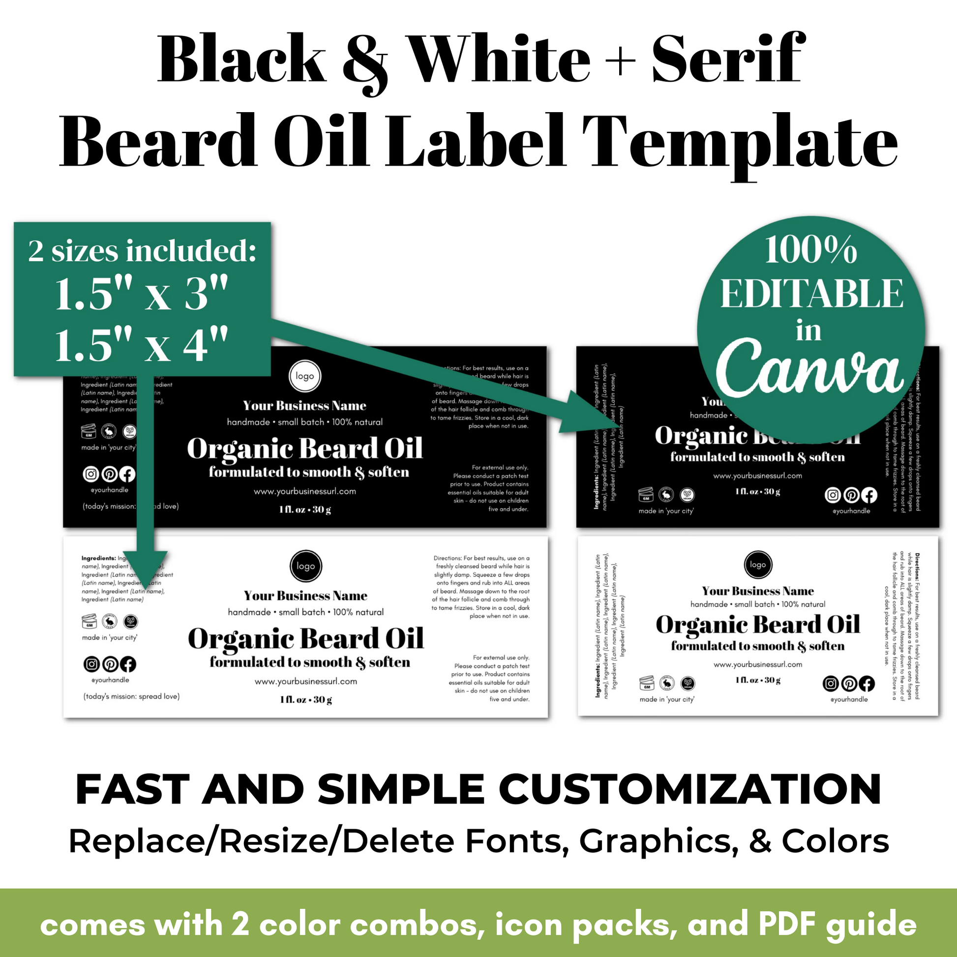 Beard oil label template with customizable options on a white background