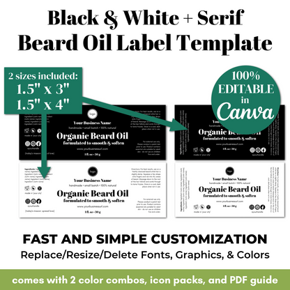 Beard oil label template with customizable options on a white background