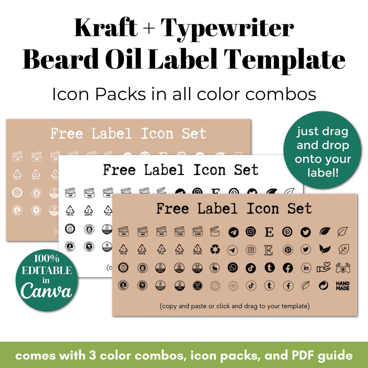 Kraft and typewriter style beard oil label template with icon packs and editable features.