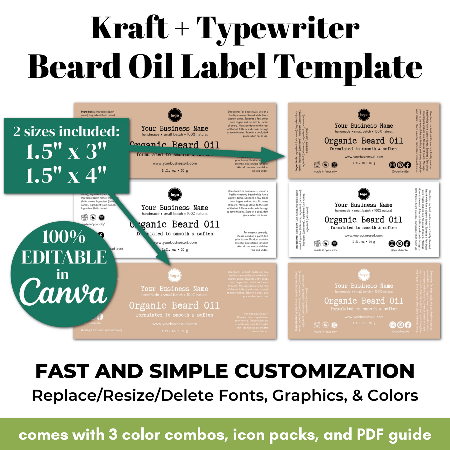 Kraft and typewriter style beard oil label template with customizable features.