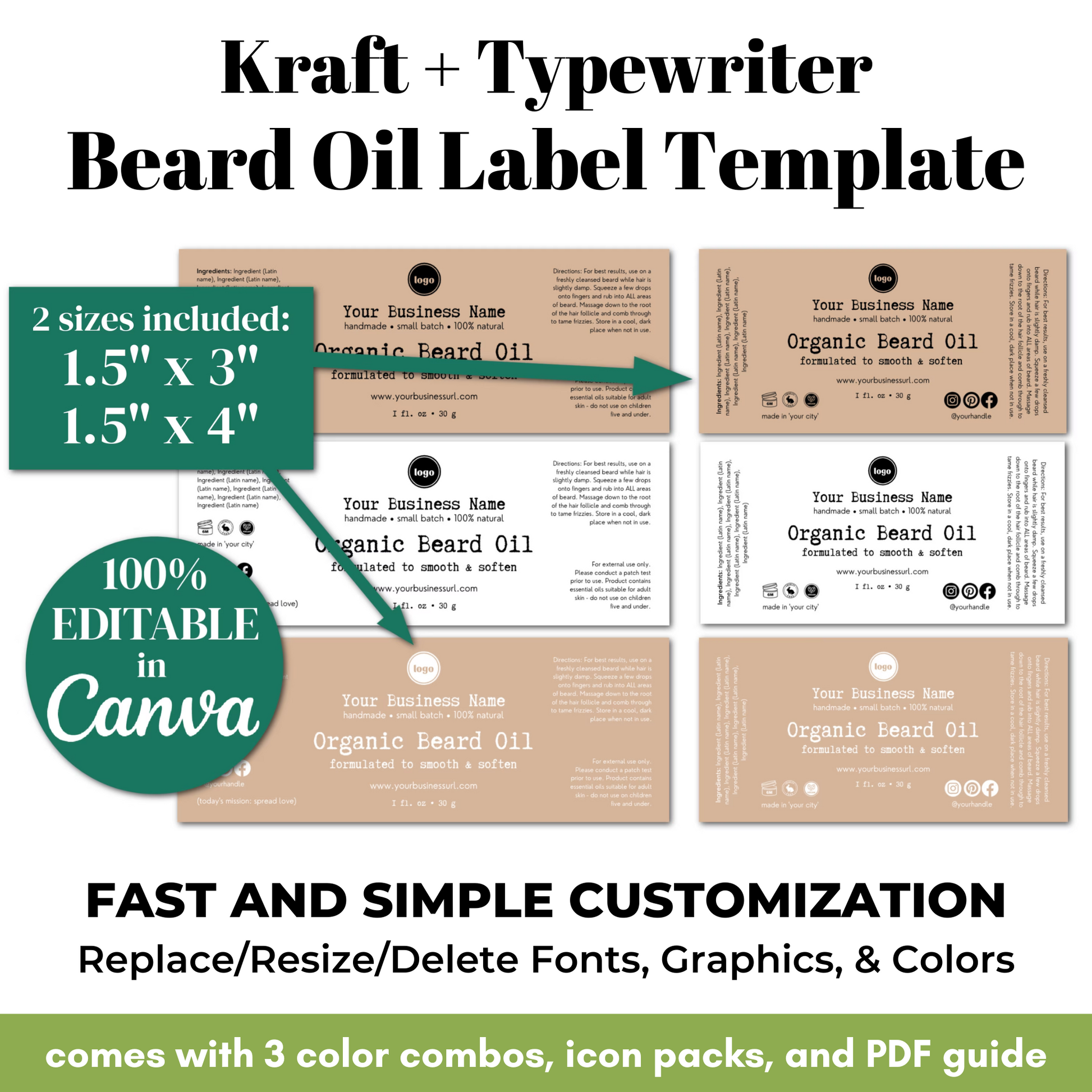 Kraft and typewriter style beard oil label template with customizable features.