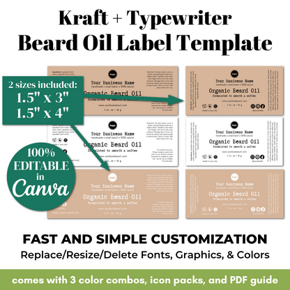 Kraft and typewriter style beard oil label template with customizable features.