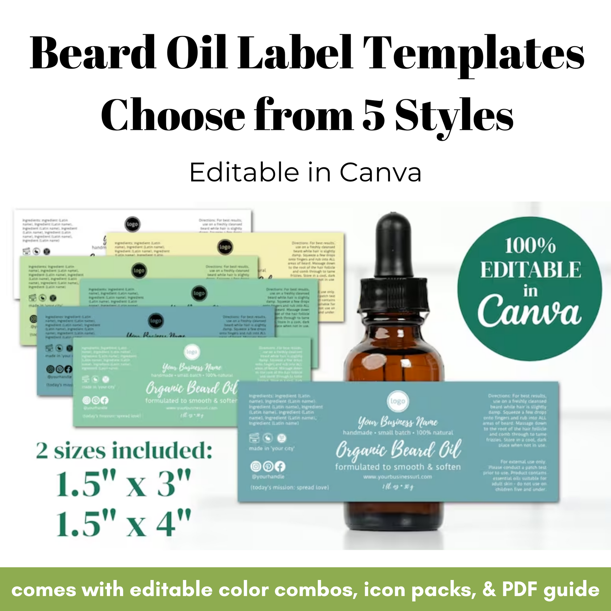 Beard oil label templates with a bottle on a white background, featuring text about editable options in Canva.