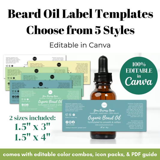 Beard oil label templates with a bottle on a white background, featuring text about editable options in Canva.