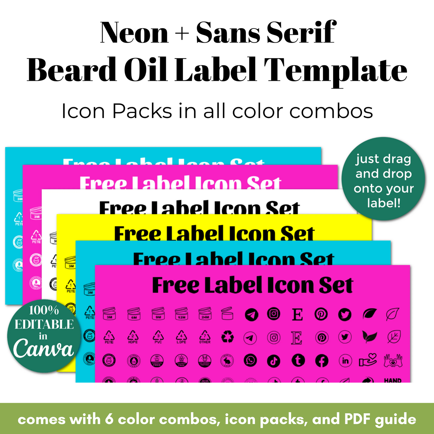 Beard oil label template with icon packs in various colors on a white background.
