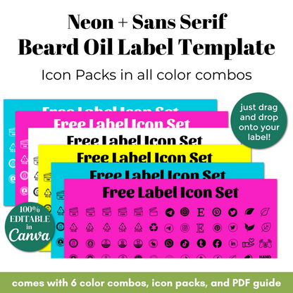 Beard oil label template with icon packs in various colors on a white background.