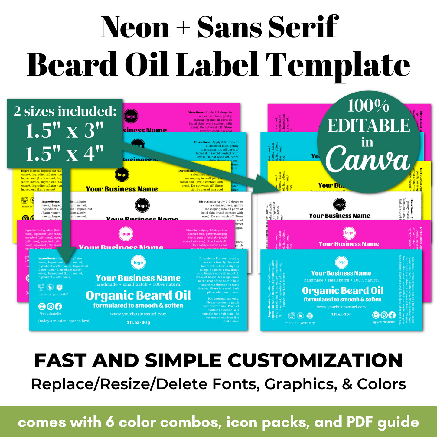 Beard oil label template with customizable options and branding details.