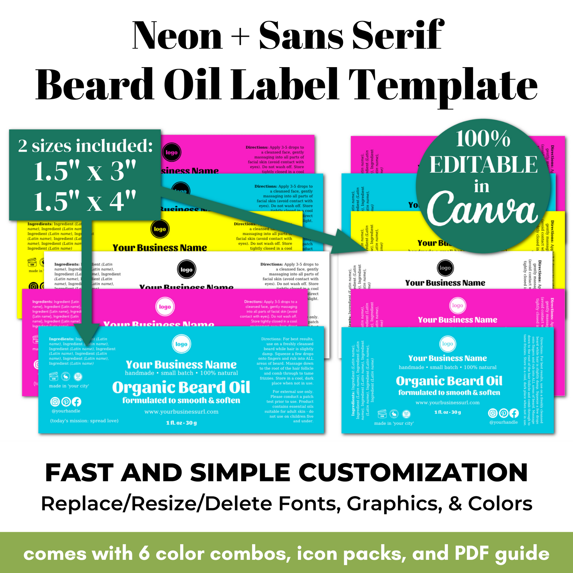Beard oil label template with customizable options and branding details.