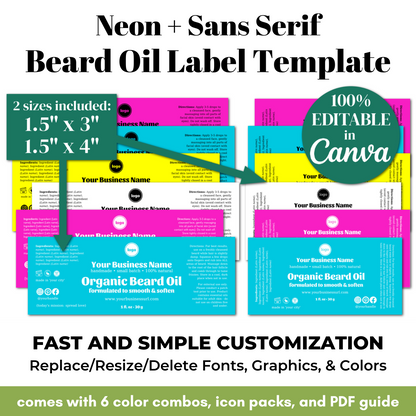 Beard oil label template with customizable options and branding details.