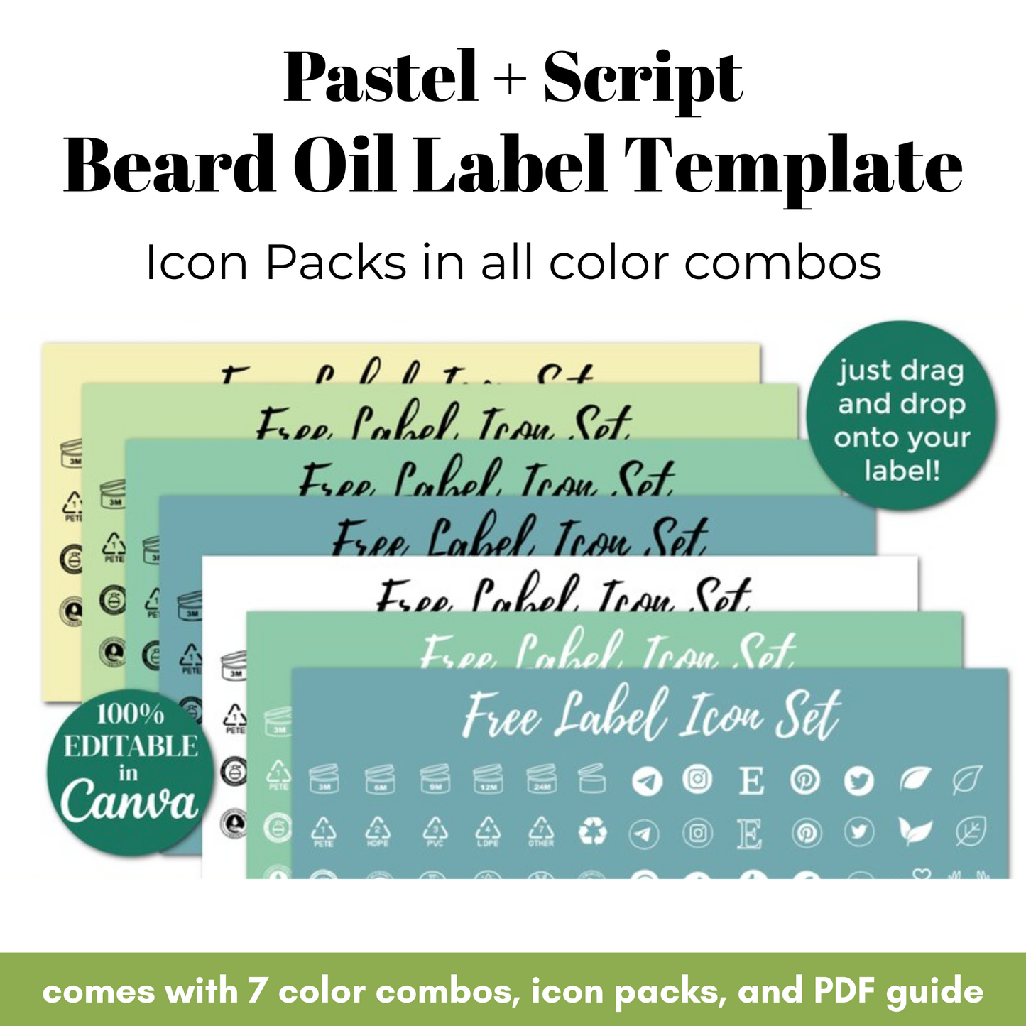Pastel and script beard oil label template with icon packs and PDF guide on a white background.