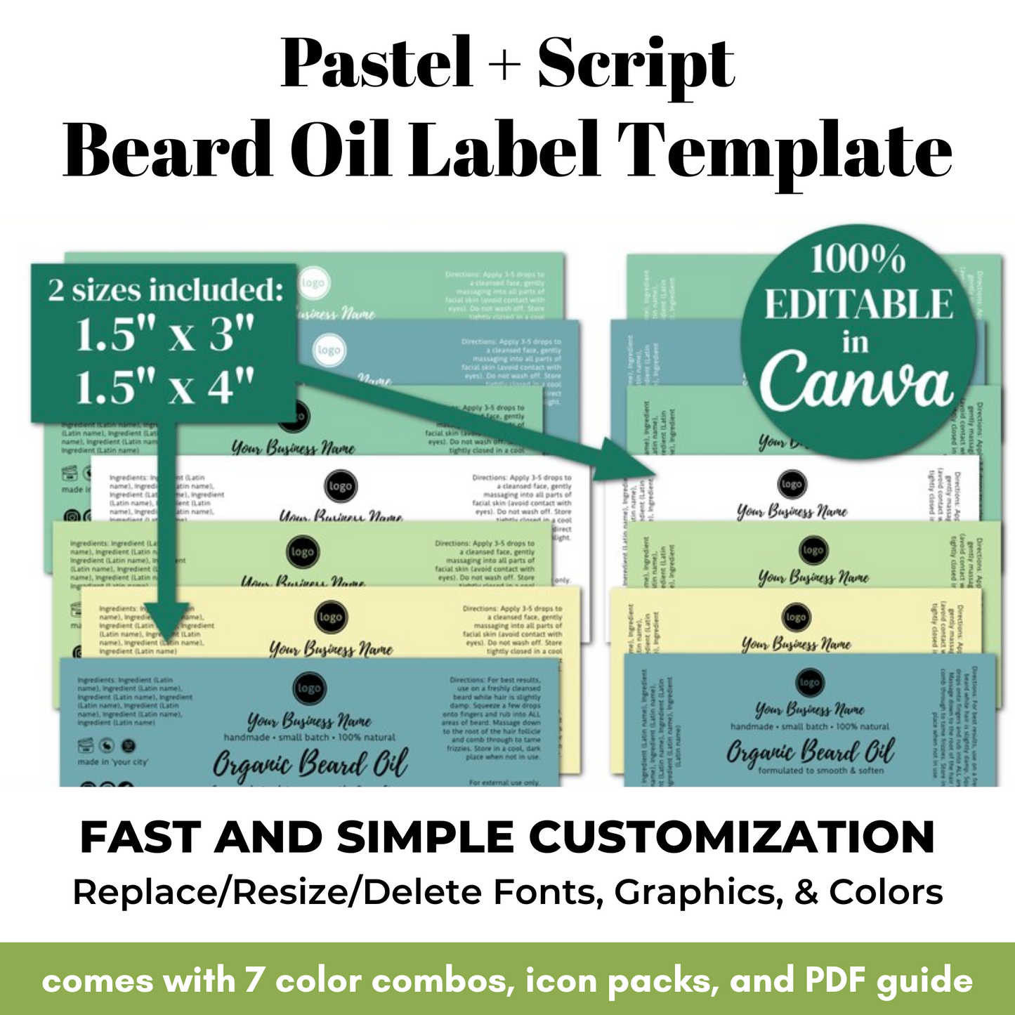Pastel and script beard oil label template with customizable options on a white background