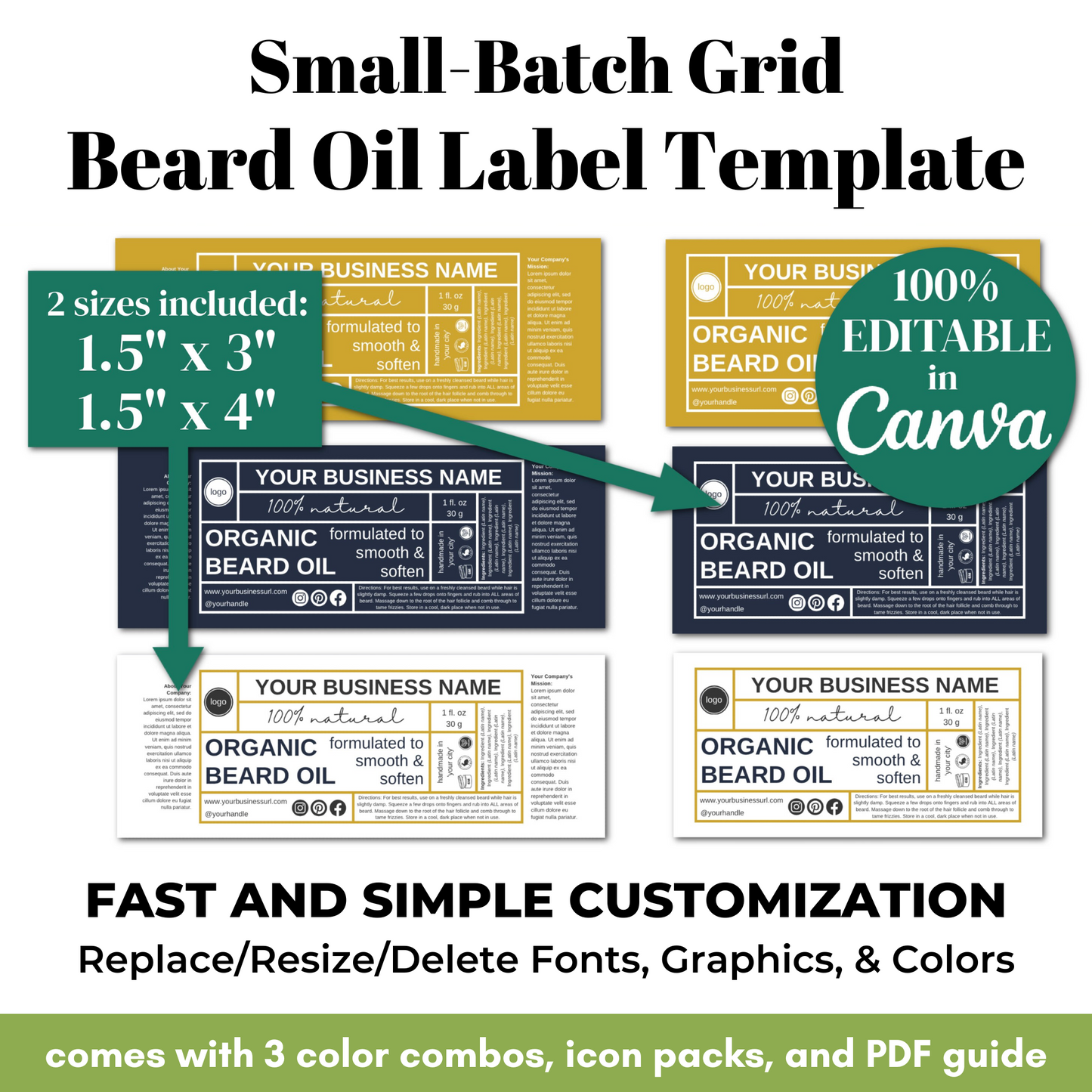 Small-Batch Grid Beard Oil Label Template with customizable options and branding details.