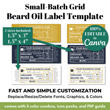 Small-Batch Grid Beard Oil Label Template with customizable options and branding details.
