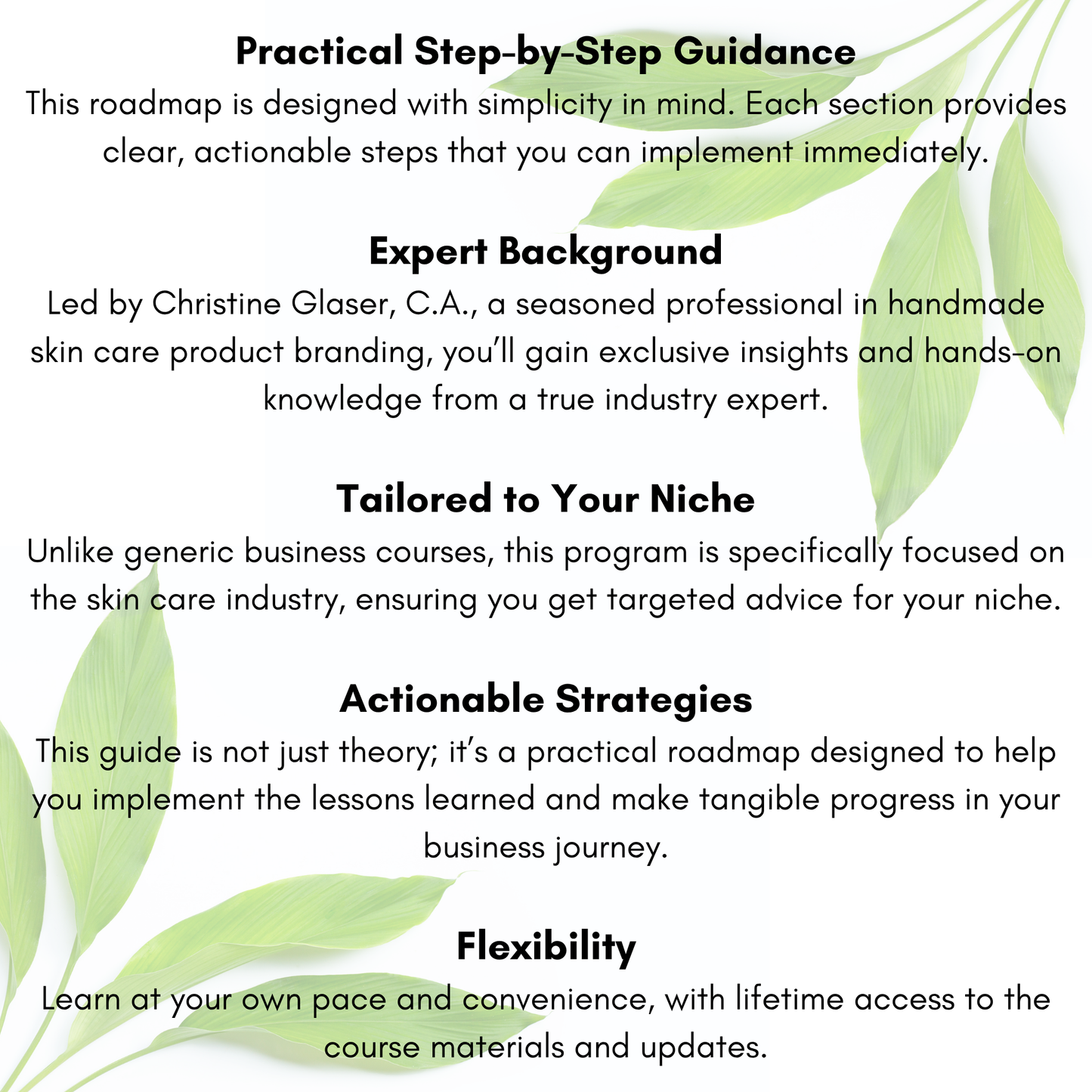 Text describing a skincare product branding course with green leaves in the corner