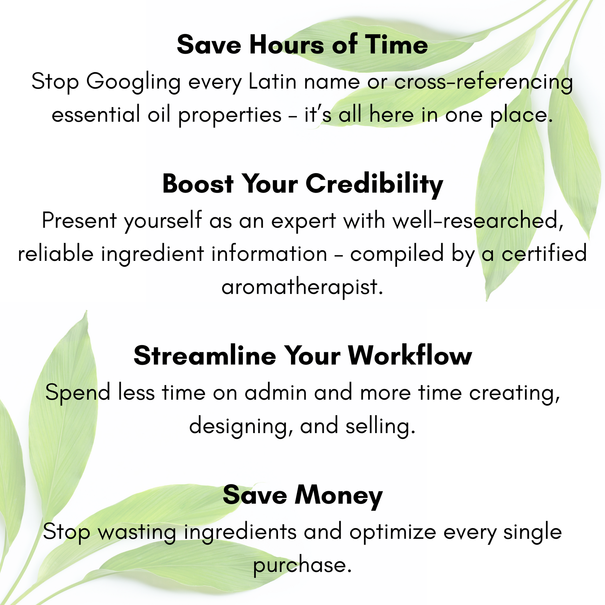 Text highlighting benefits of using a resource for essential oil properties with green leaves in the background.