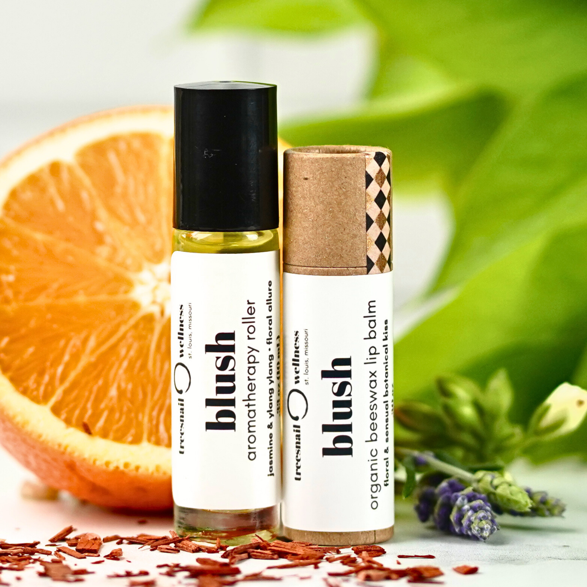 Blush Aromatherapy Roller and Organic Lip Balm .30 oz Gift Set by Treesnail Wellness