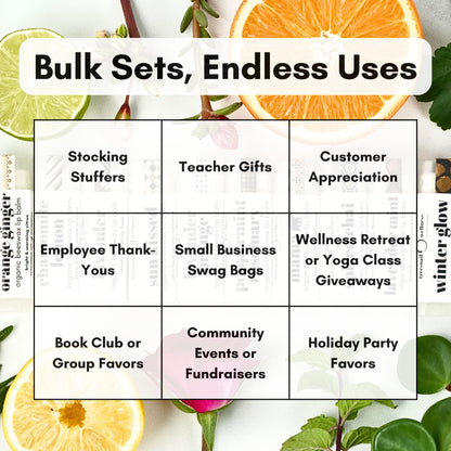 Table with various uses for bulk sets of lip balms, surrounded by oranges and lemons.